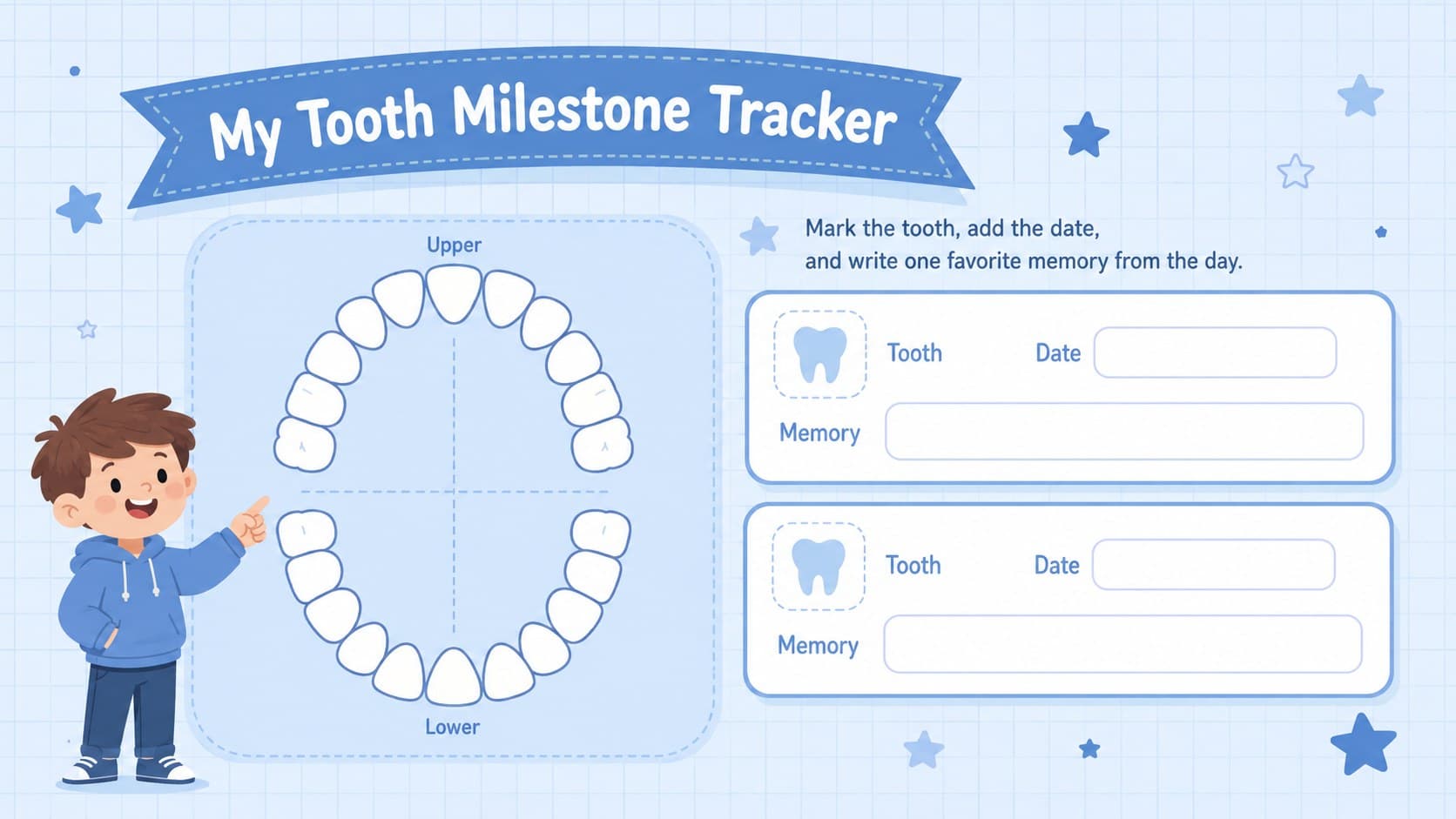 Lost tooth tracker slide with a simple child-friendly dental chart and milestone fields.