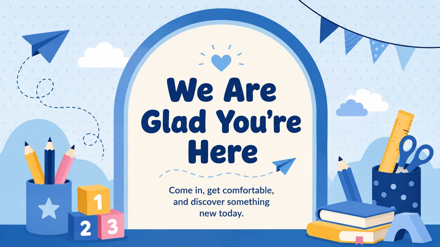 Editable kindergarten door sign reading We Are Glad You're Here in a playful blue illustrated classroom style.