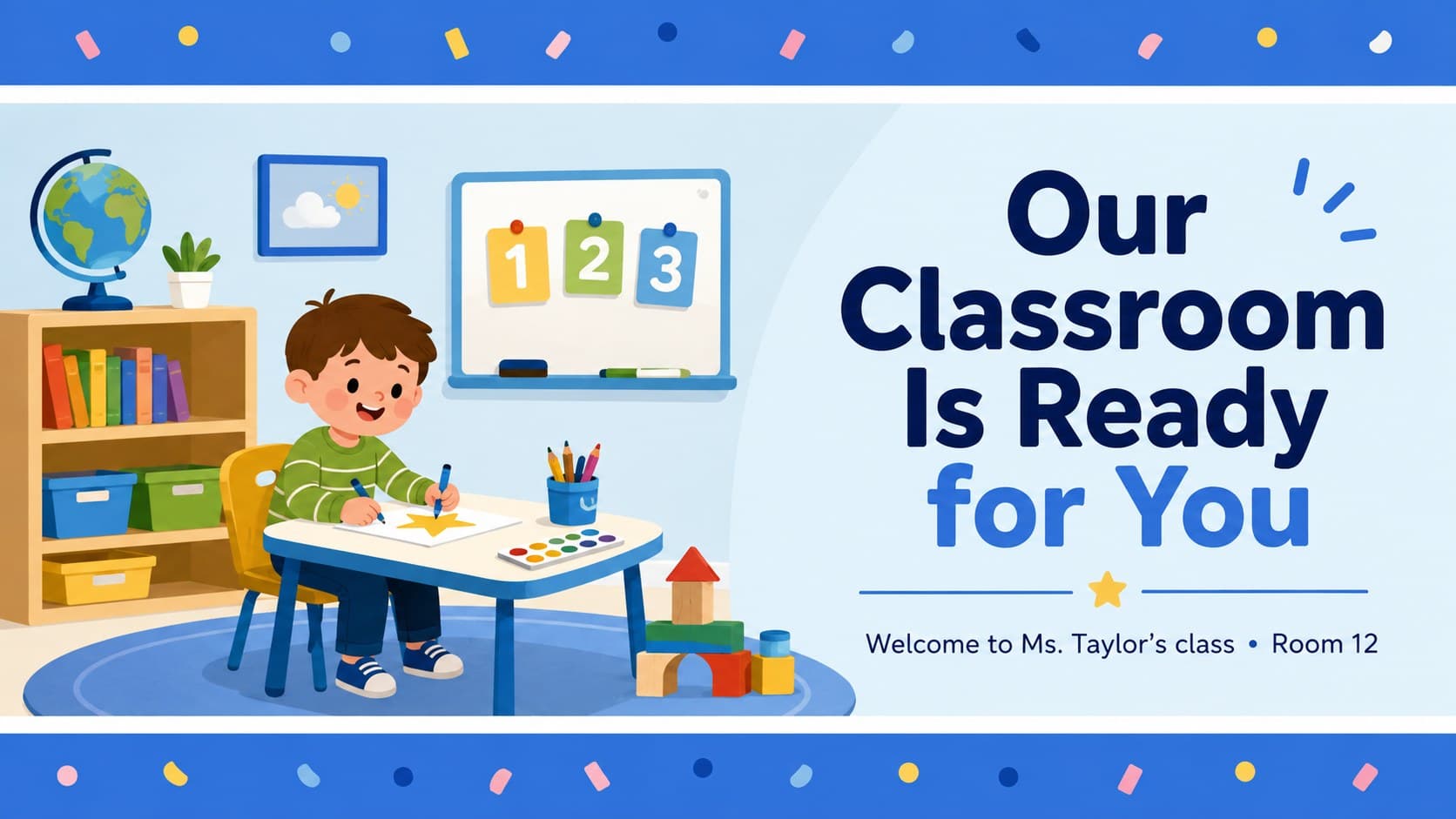 Blue kindergarten classroom welcome poster featuring an editable message for a teacher name and room number.