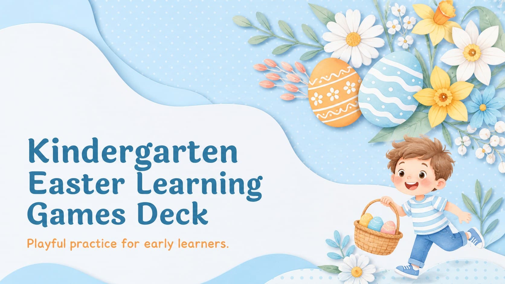 Cover for the Kindergarten Easter Learning Games deck with pastel eggs, flowers, and playful classroom illustrations.