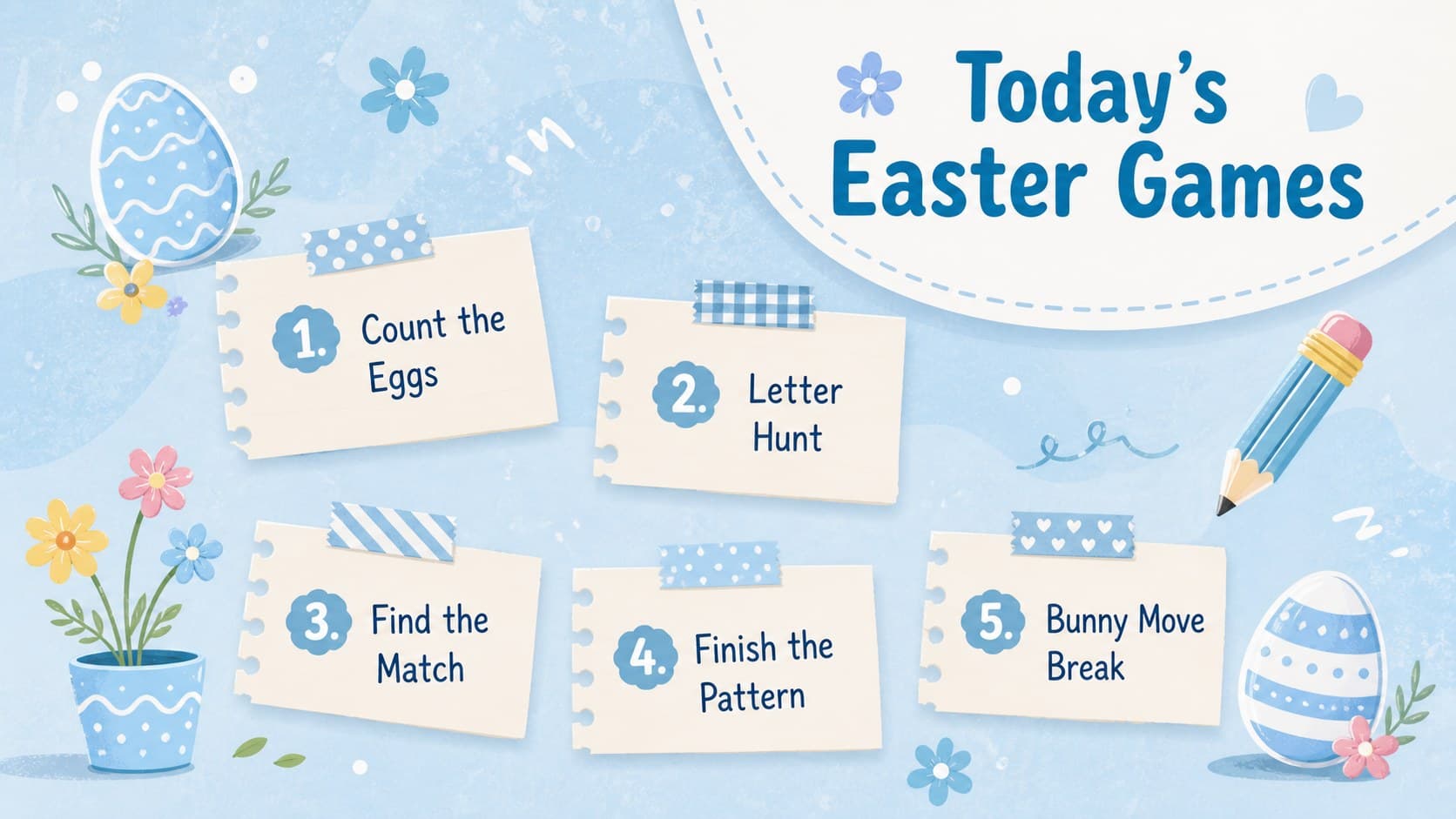 Pastel Easter classroom games overview showing counting, letters, matching, patterns, and movement activities.