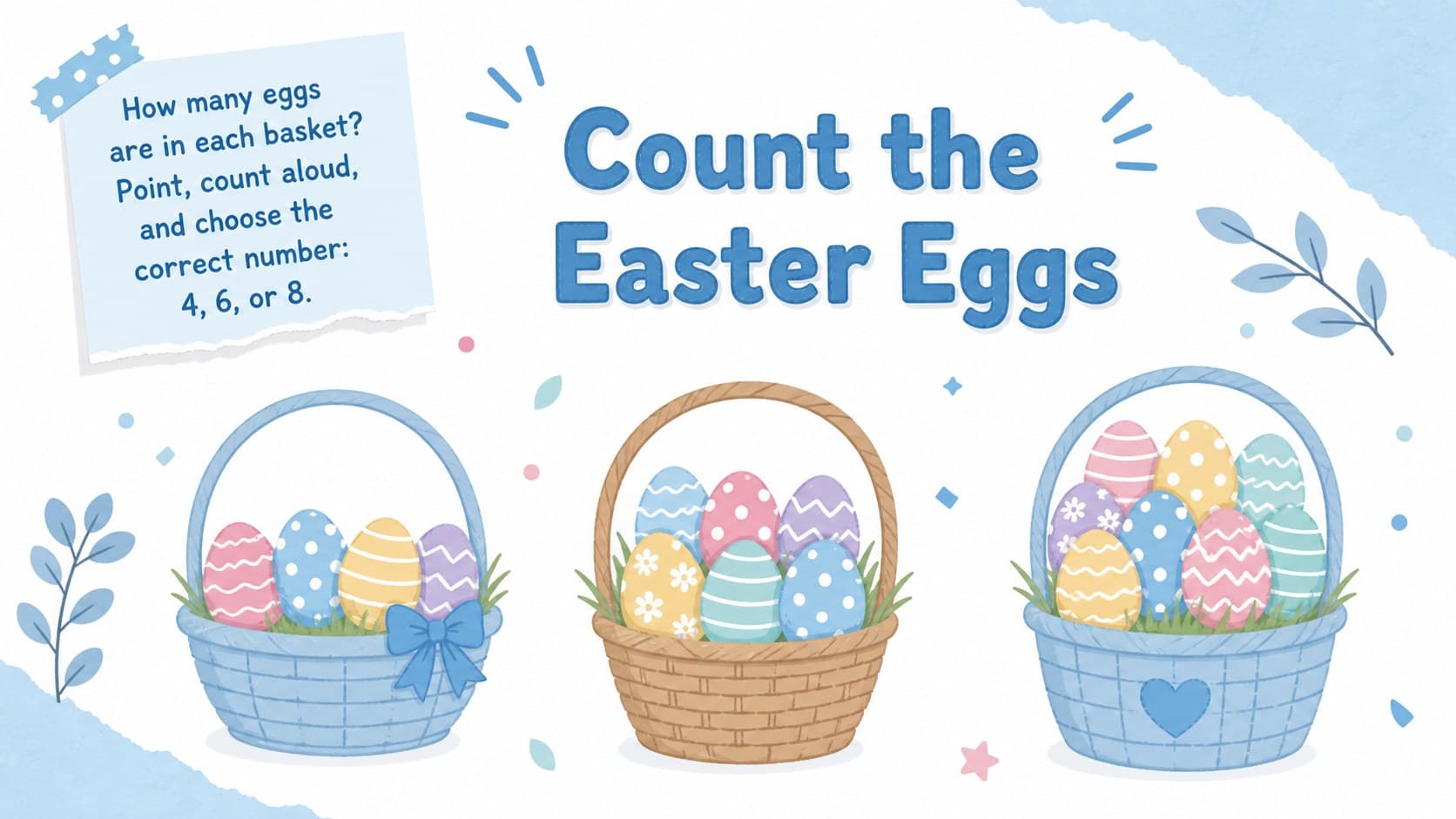 Kindergarten Easter counting game with illustrated baskets and groups of pastel eggs.