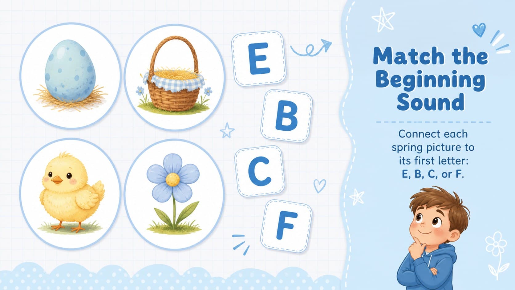 Easter phonics activity for early learners matching spring pictures to their beginning letters.