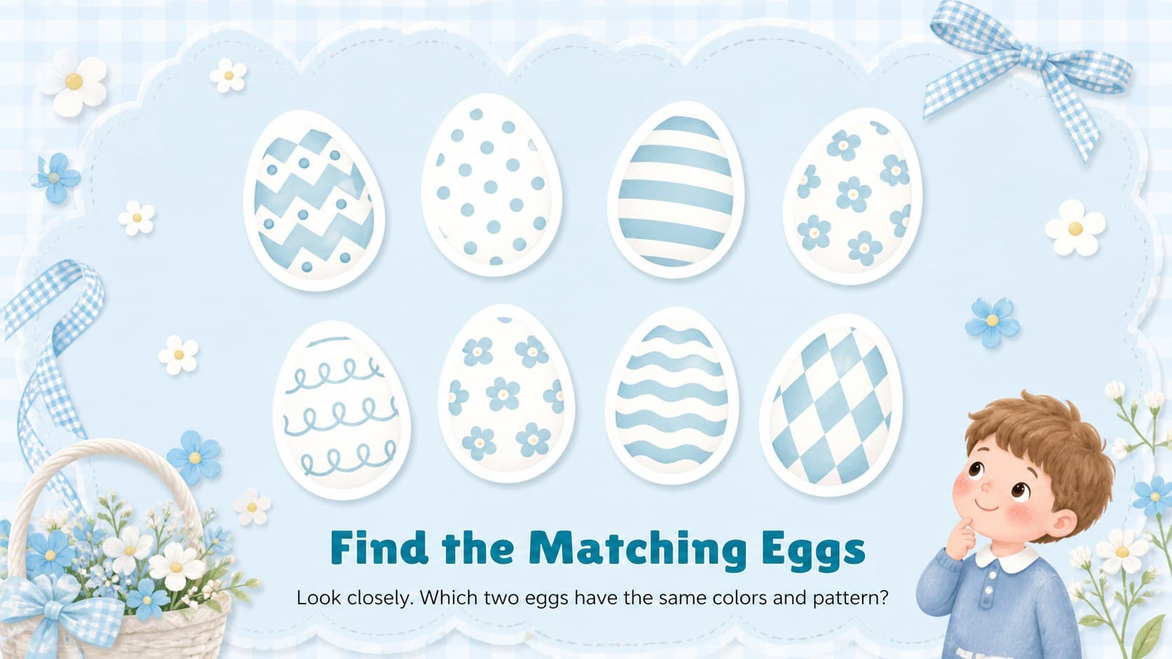 Editable Easter matching game slide with colorful egg pairs for a kindergarten classroom.