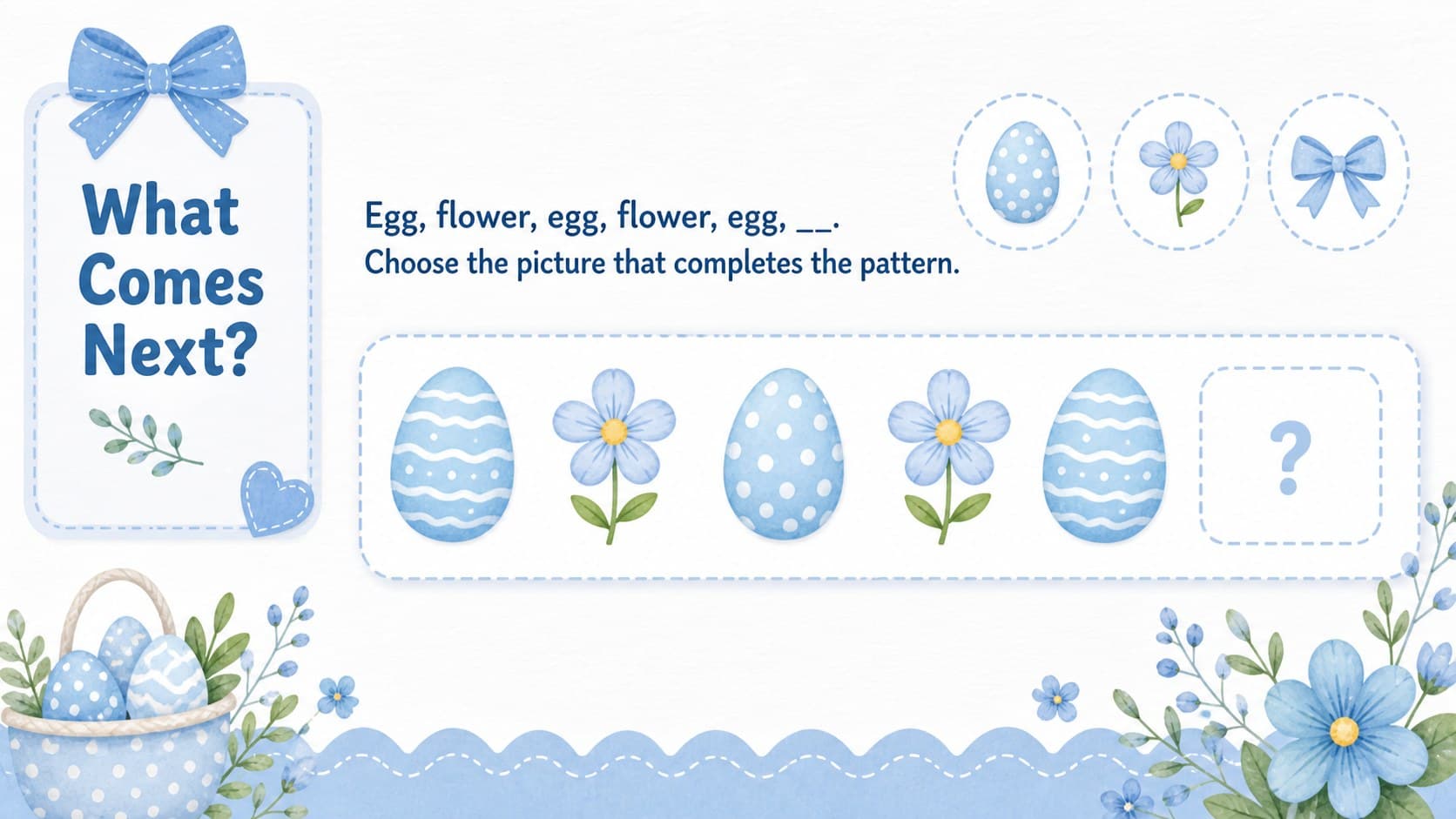 Kindergarten spring activity deck slide featuring a pastel Easter pattern completion game.