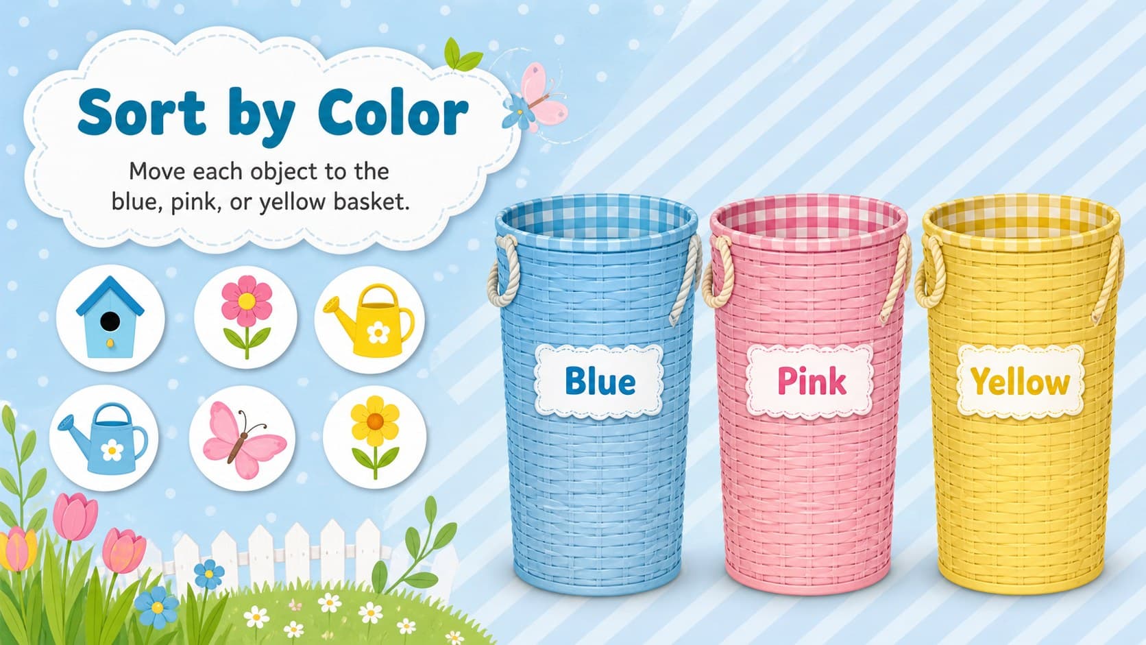 Pastel Easter lesson presentation slide asking children to sort spring objects by color.