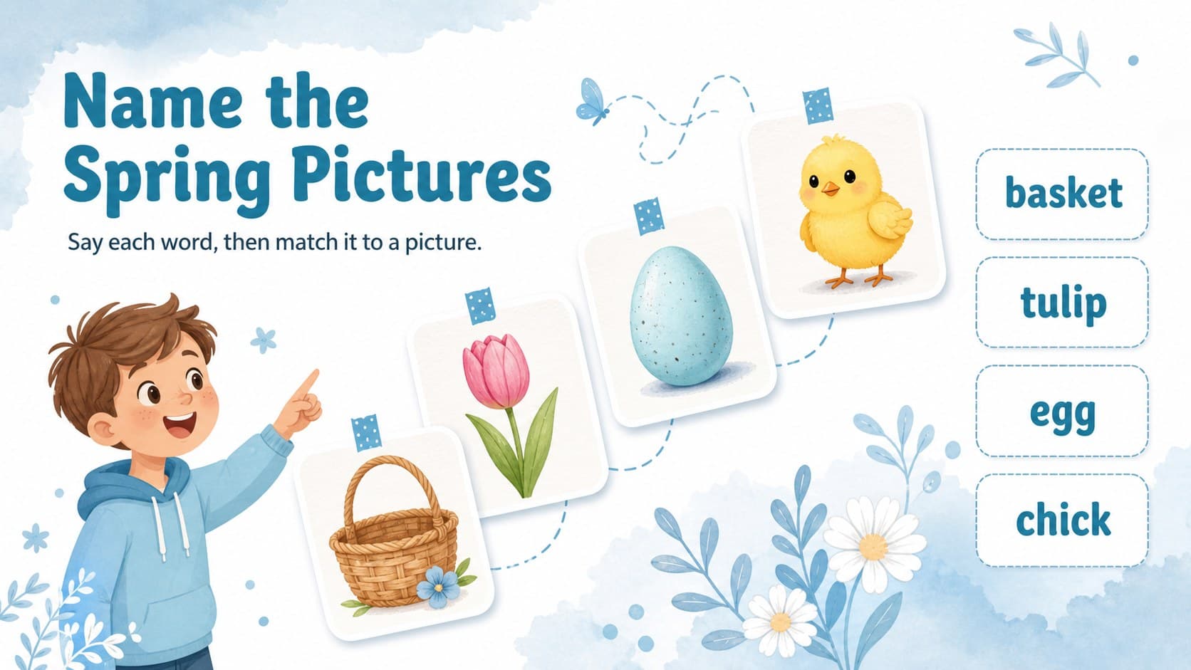 Easter classroom vocabulary game for kindergarten with simple spring picture clues.