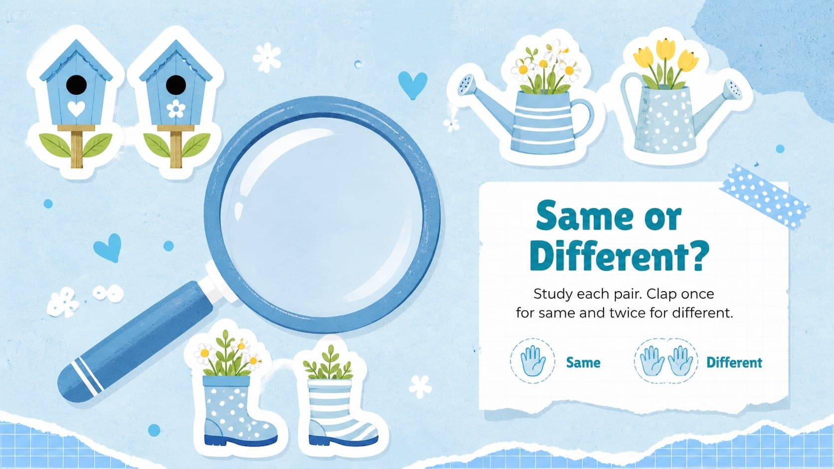 Interactive Easter classroom slide with a simple same-or-different visual discrimination game.