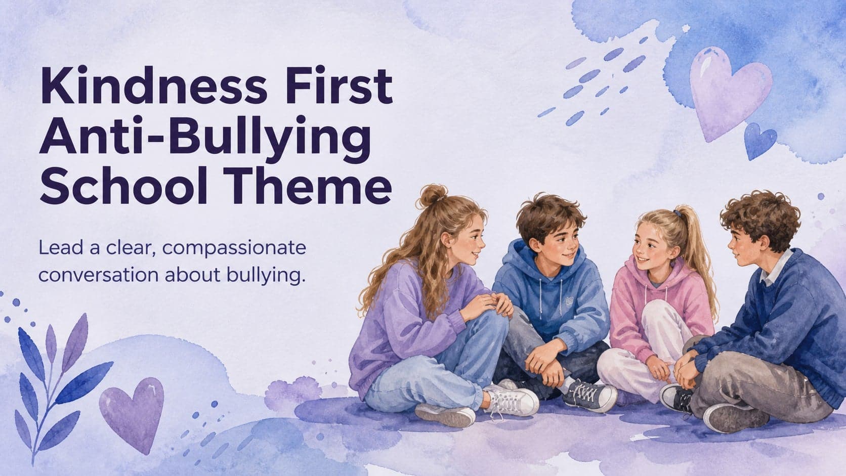 Cover of the Kindness First Anti-Bullying School Theme with blue-violet watercolor artwork and an inclusive student group.