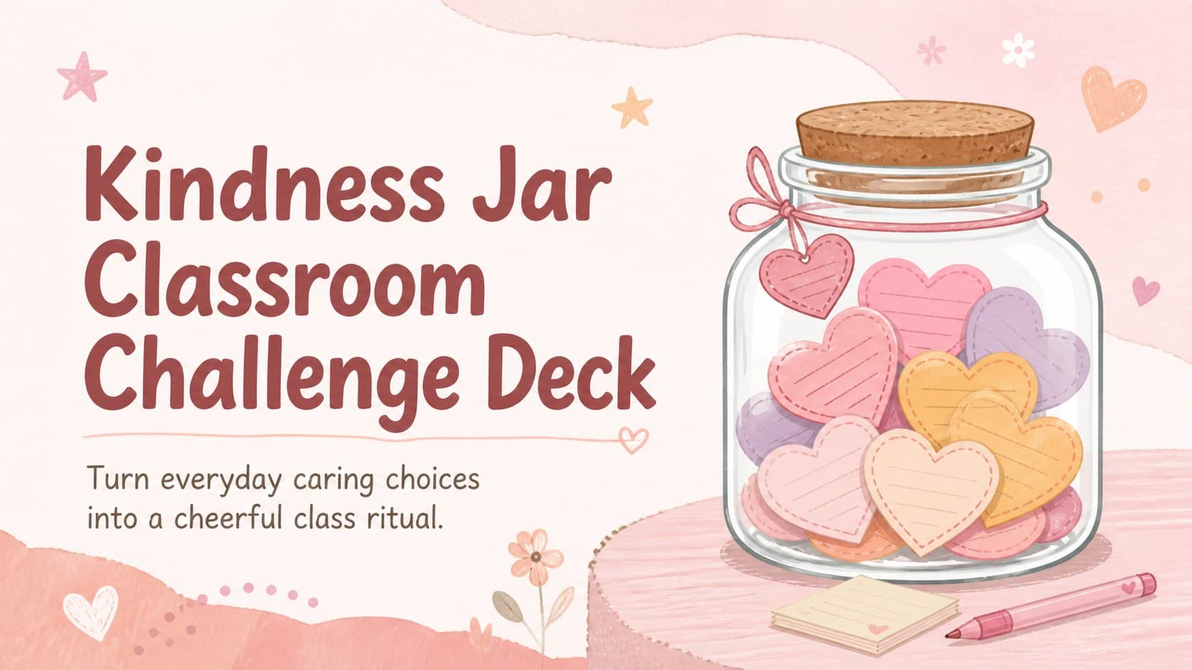 Pastel pink cover for the Kindness Jar Classroom Challenge Deck with cheerful classroom illustrations.
