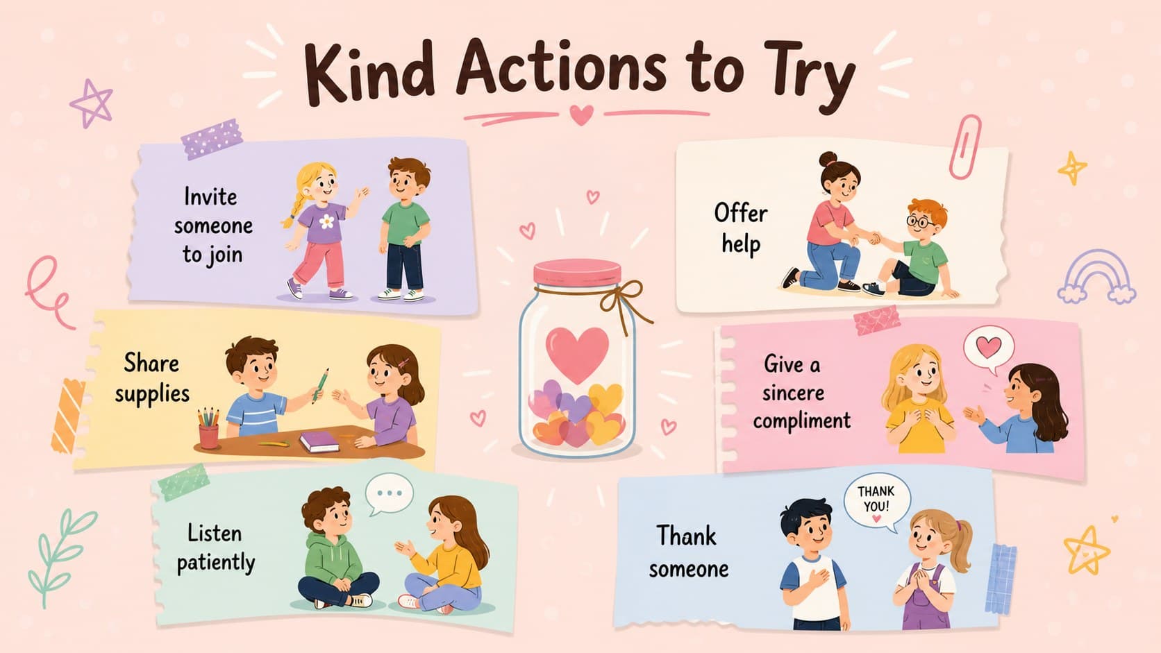 Illustrated elementary kindness lesson slide presenting examples of thoughtful actions students can try.