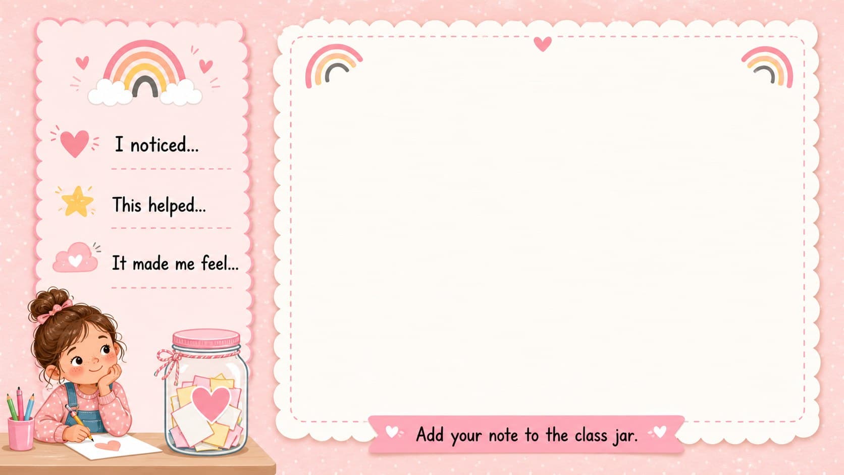 Printable kindness note prompt with writing spaces and pastel pink illustrated decorations for students.
