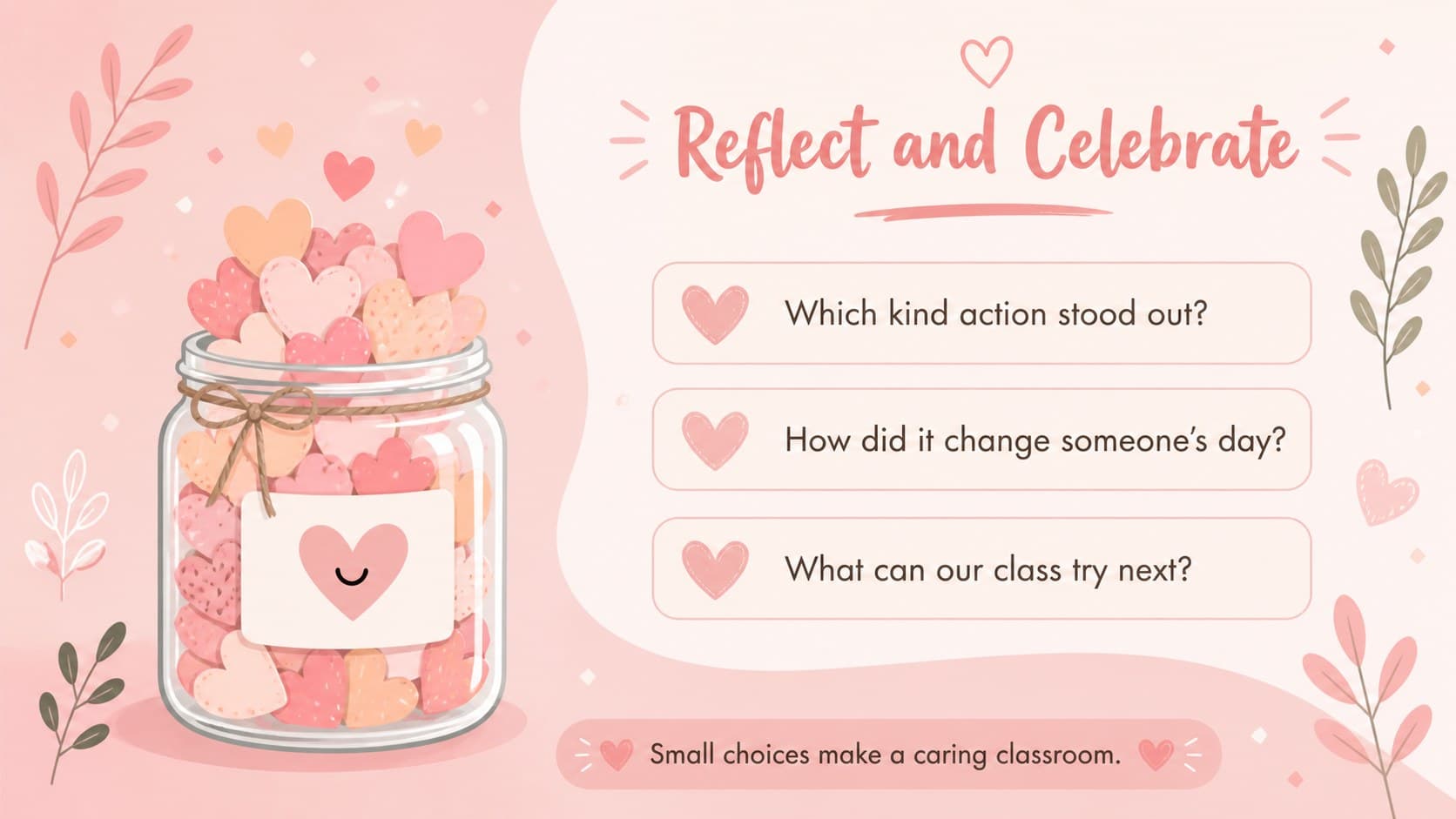 Pastel classroom reflection slide with kindness discussion prompts and a full illustrated note jar.