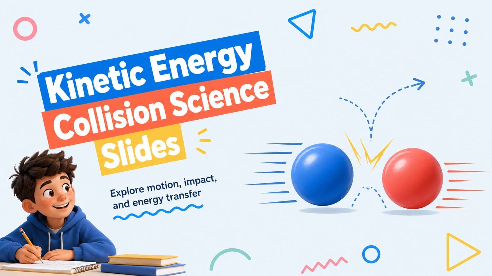 Colorful cover slide introducing kinetic energy collision science slides with playful physics doodles.