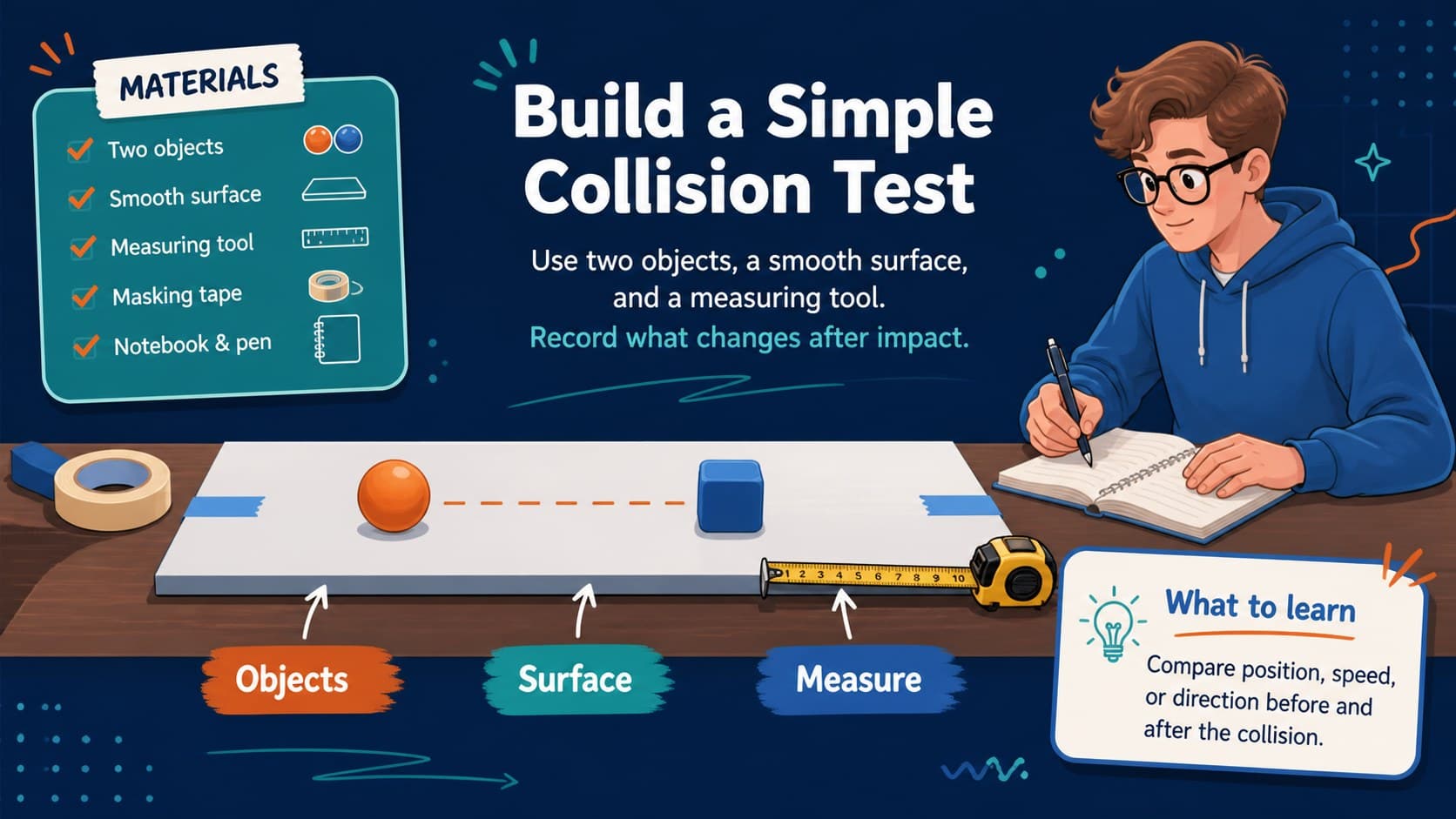 Motion and impact lesson slide presenting a simple collision demonstration setup.