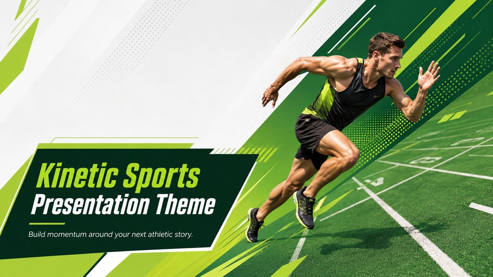 Cover of the Kinetic Sports Presentation Theme with vivid green geometry and an energetic athletic composition.