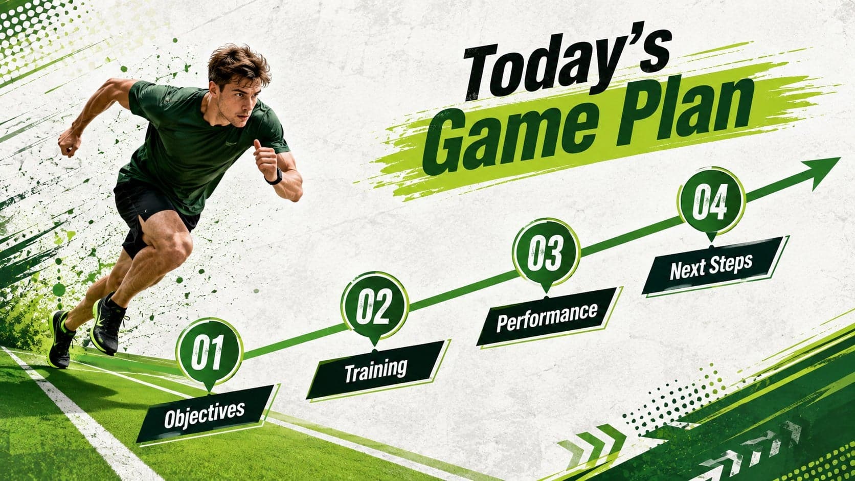 Sports presentation agenda featuring four geometric sections in a dynamic green widescreen layout.