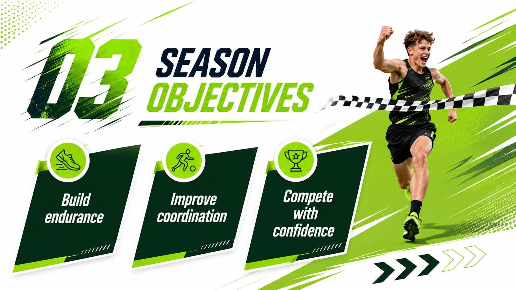 Team objectives slide from a kinetic sports presentation theme with three bold goal statements.