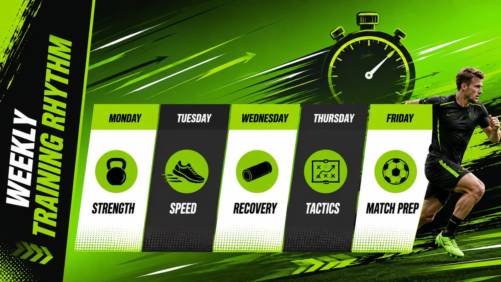 Weekly athletic training schedule with color-coded sessions and geometric green accents.