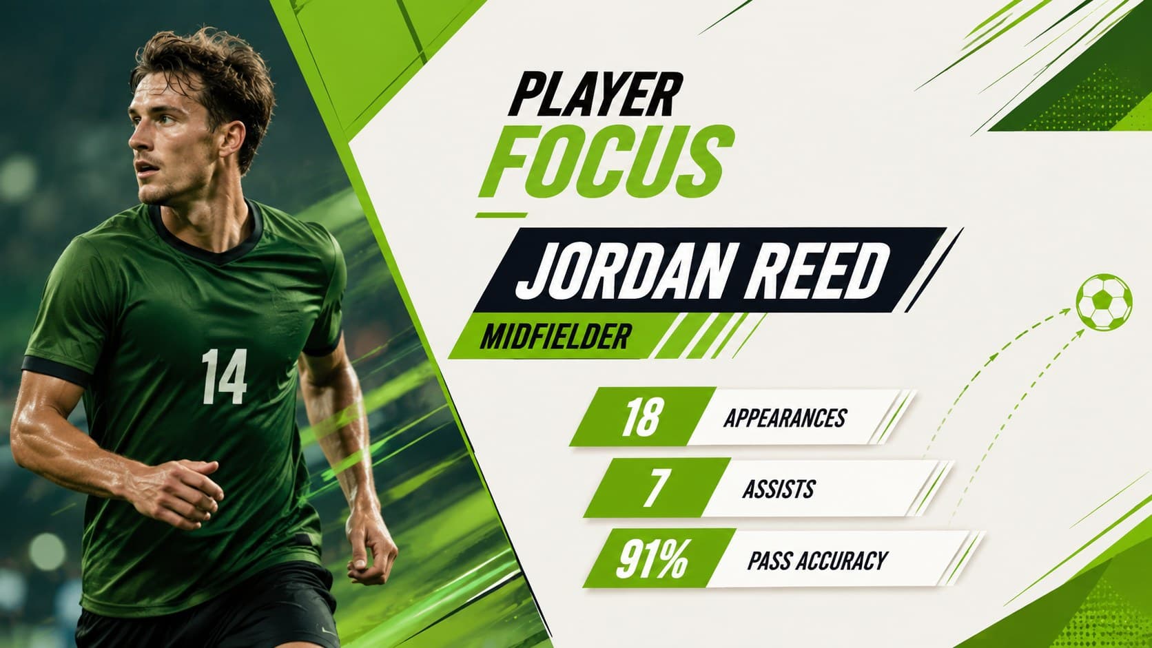 Modern player profile slide with an original athlete portrait and concise performance statistics.