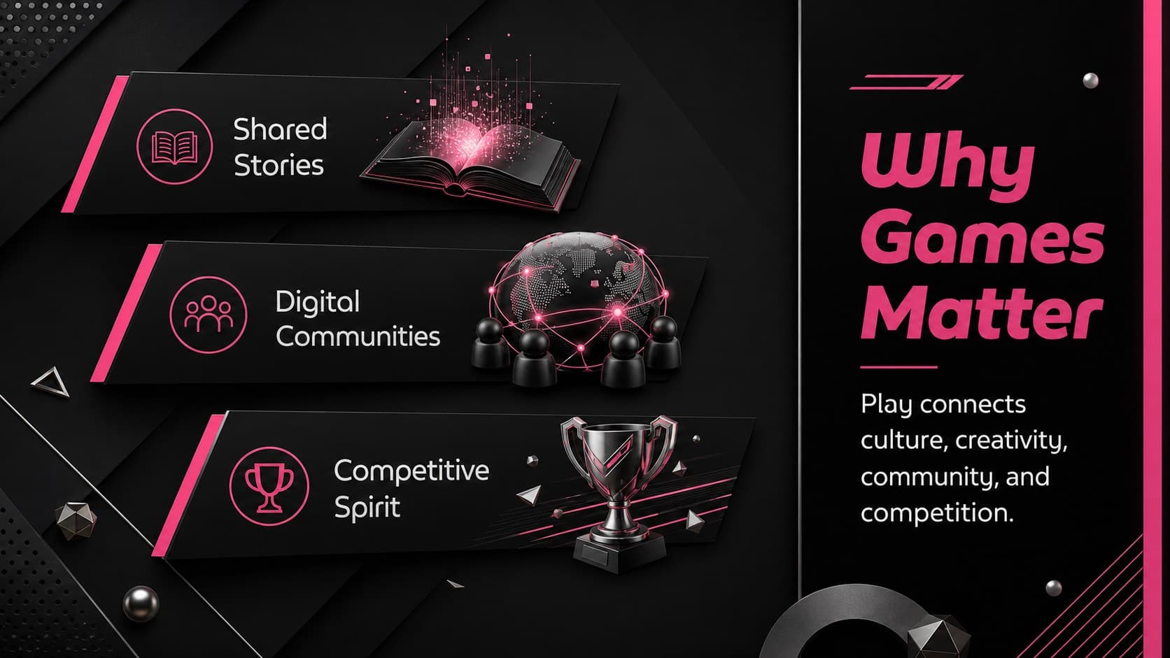 Korean gaming culture presentation slide introducing the social, creative, and competitive roles of play.