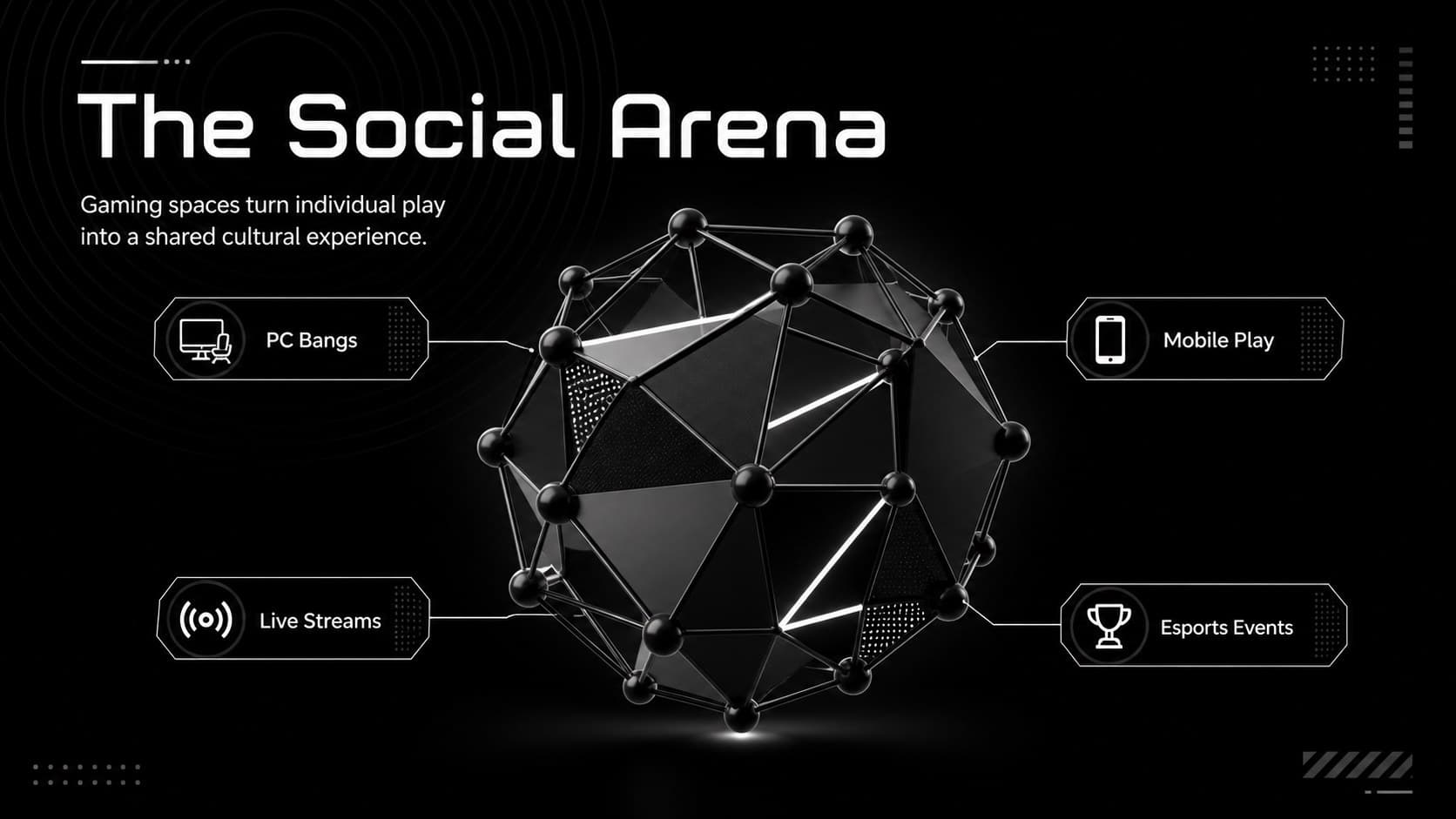 Korean digital culture slide highlighting PC gaming spaces, mobile play, streaming, and esports communities.