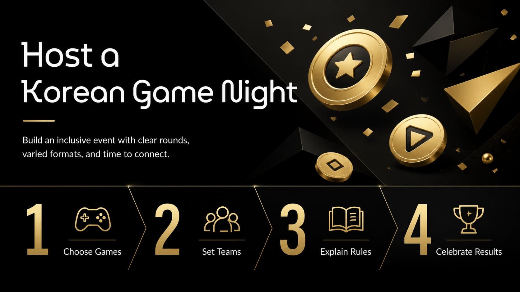 Korean game night PowerPoint slide outlining a practical four-step event plan.