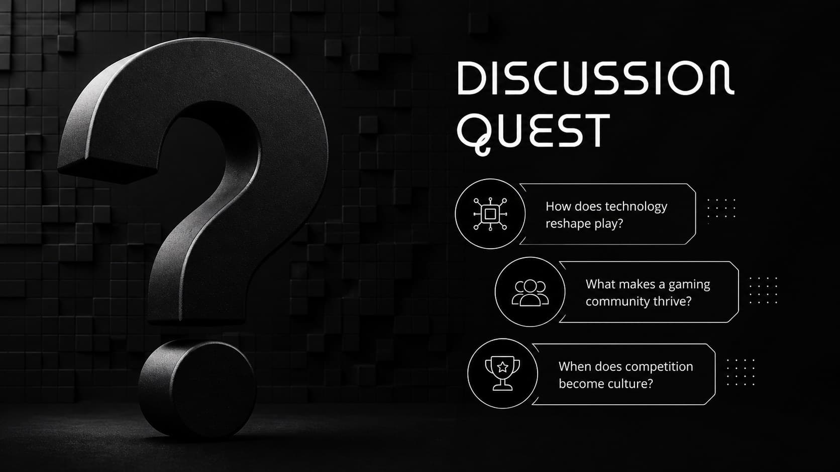 Korean gaming culture discussion slide with prompts about technology, community, and competition.