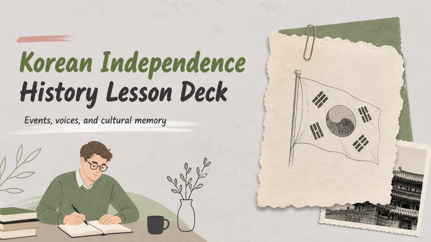 Cover slide for a Korean independence history lesson deck with an illustrated grey historical composition.