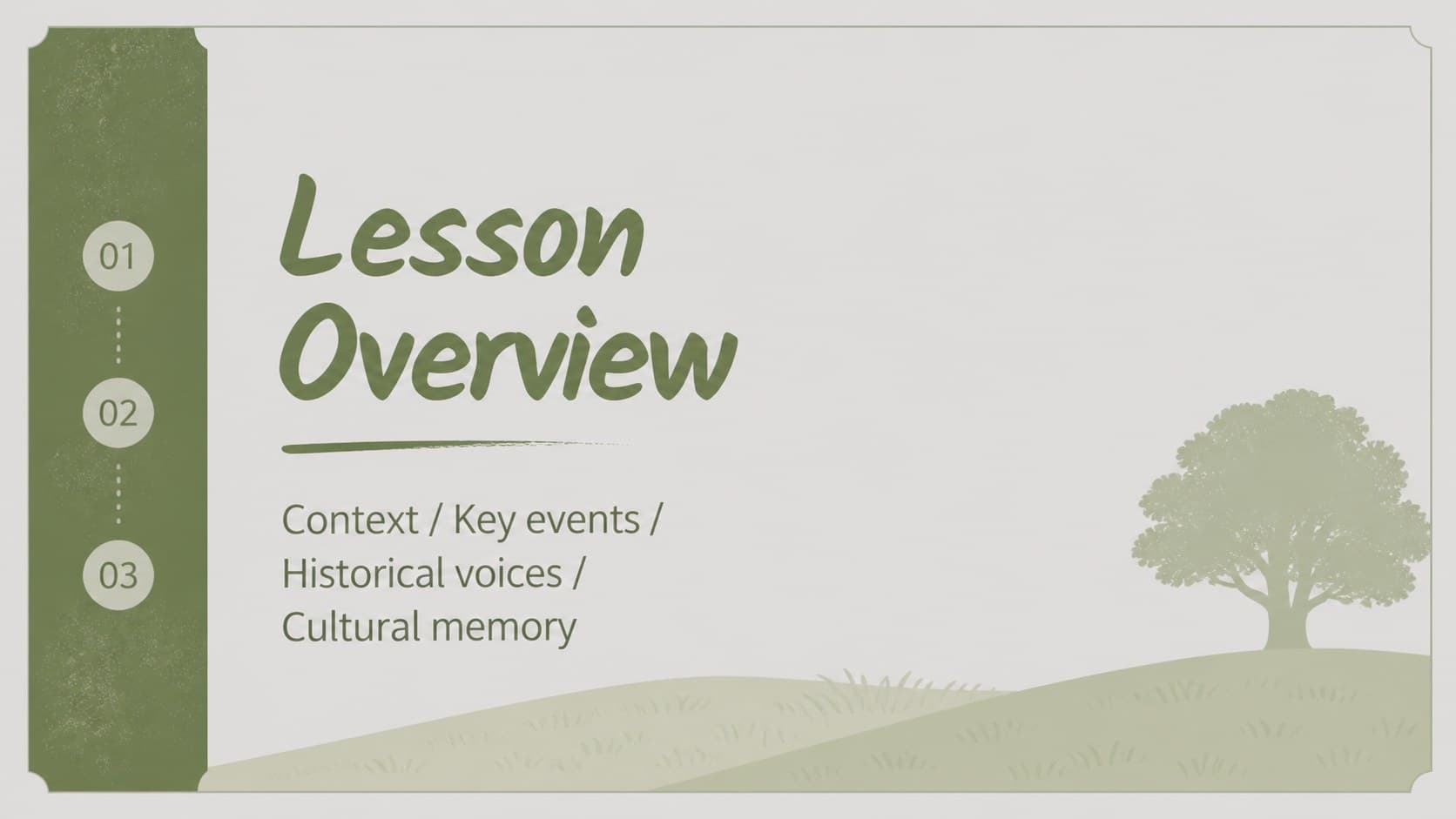 Lesson overview slide introducing the historical context and goals of a Korean independence history lesson deck.
