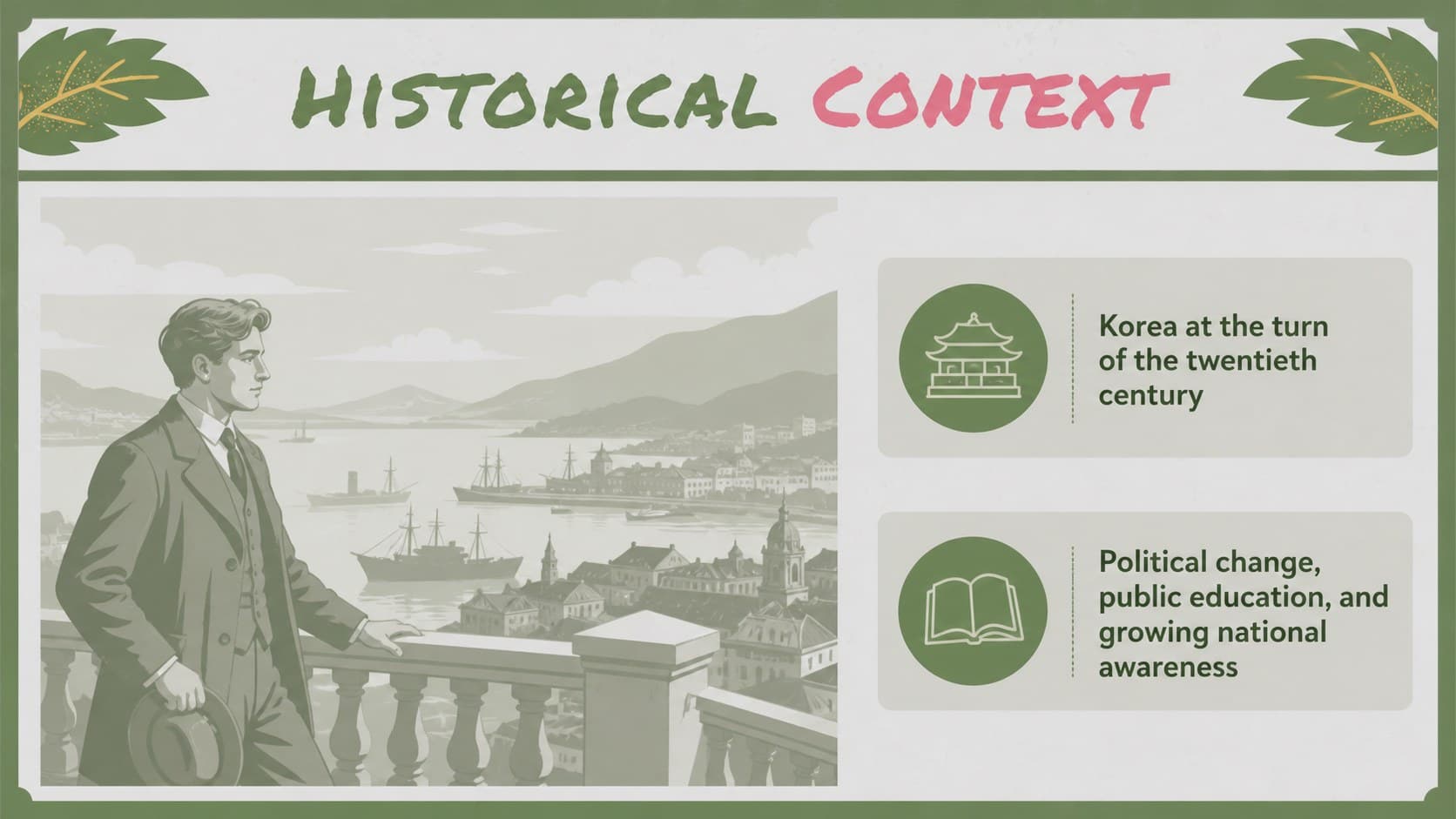 Historical context slide showing Korea before the independence movement in an illustrated grey lesson design.