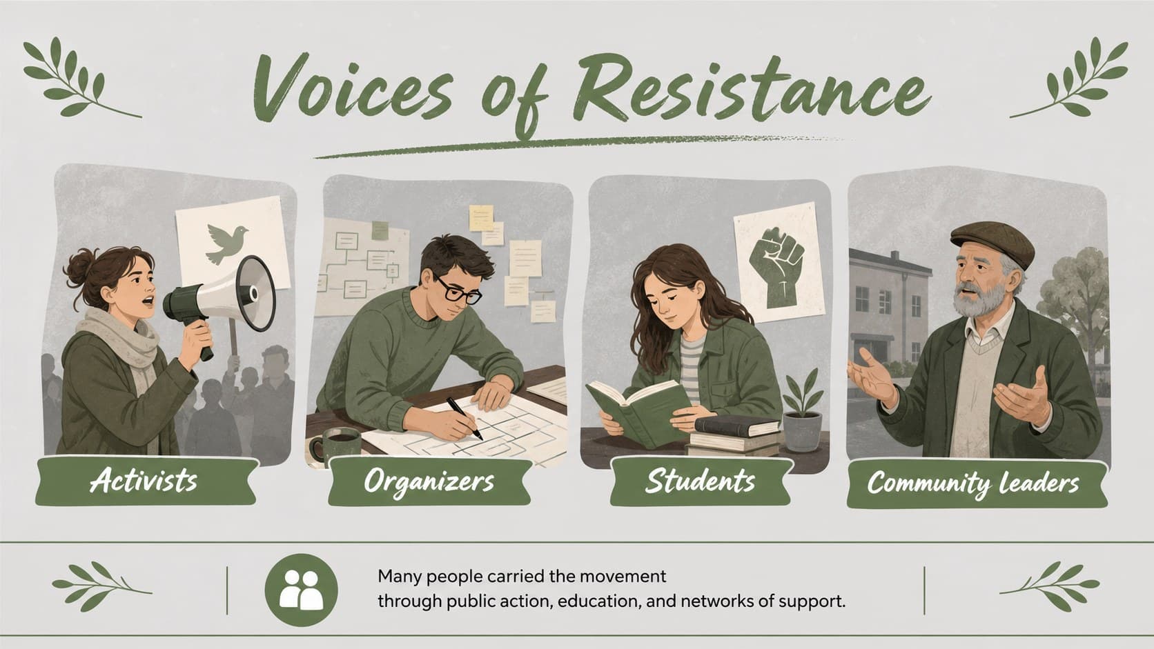 Key figures slide presenting historical leaders and activists for a Korean history classroom presentation.