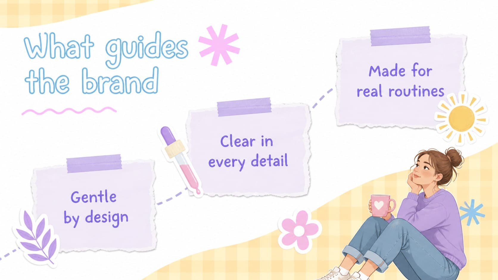 Brand values slide for a pastel Korean skincare presentation with three illustrated principles.