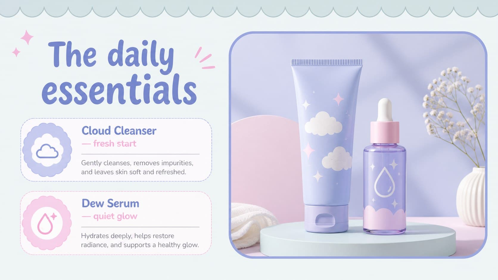 Hero product slide presenting a cleanser and serum collection in a skincare product launch deck.