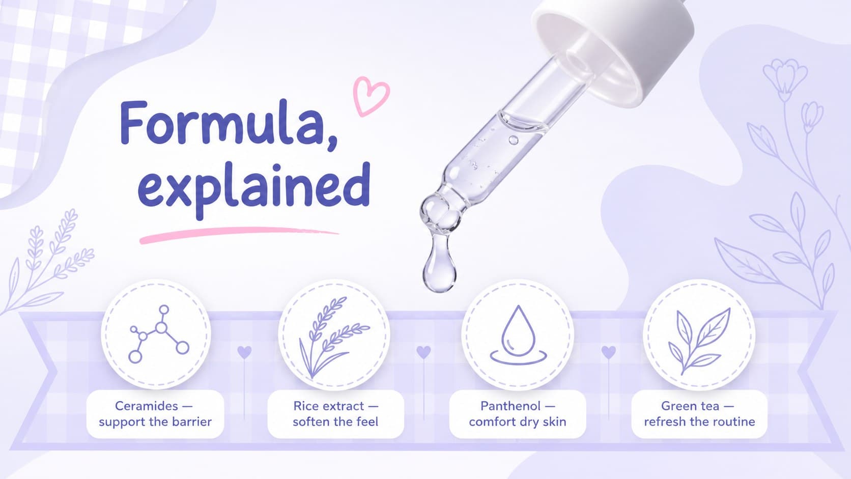 Ingredient highlights slide explaining formula benefits in a pastel beauty brand template.