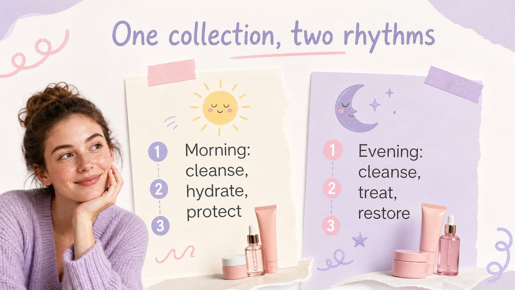 Routine comparison slide showing morning and evening skincare steps for a Korean skincare brand pitch deck.
