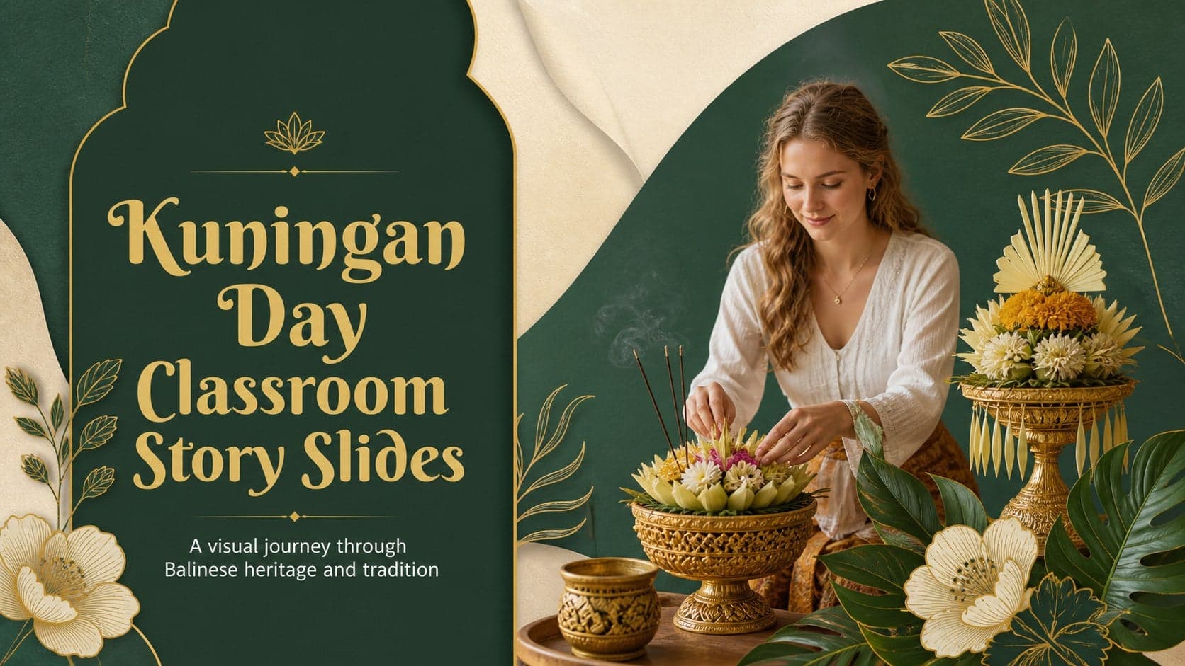 Cover slide for a Kuningan Day classroom presentation with green and gold floral artwork.