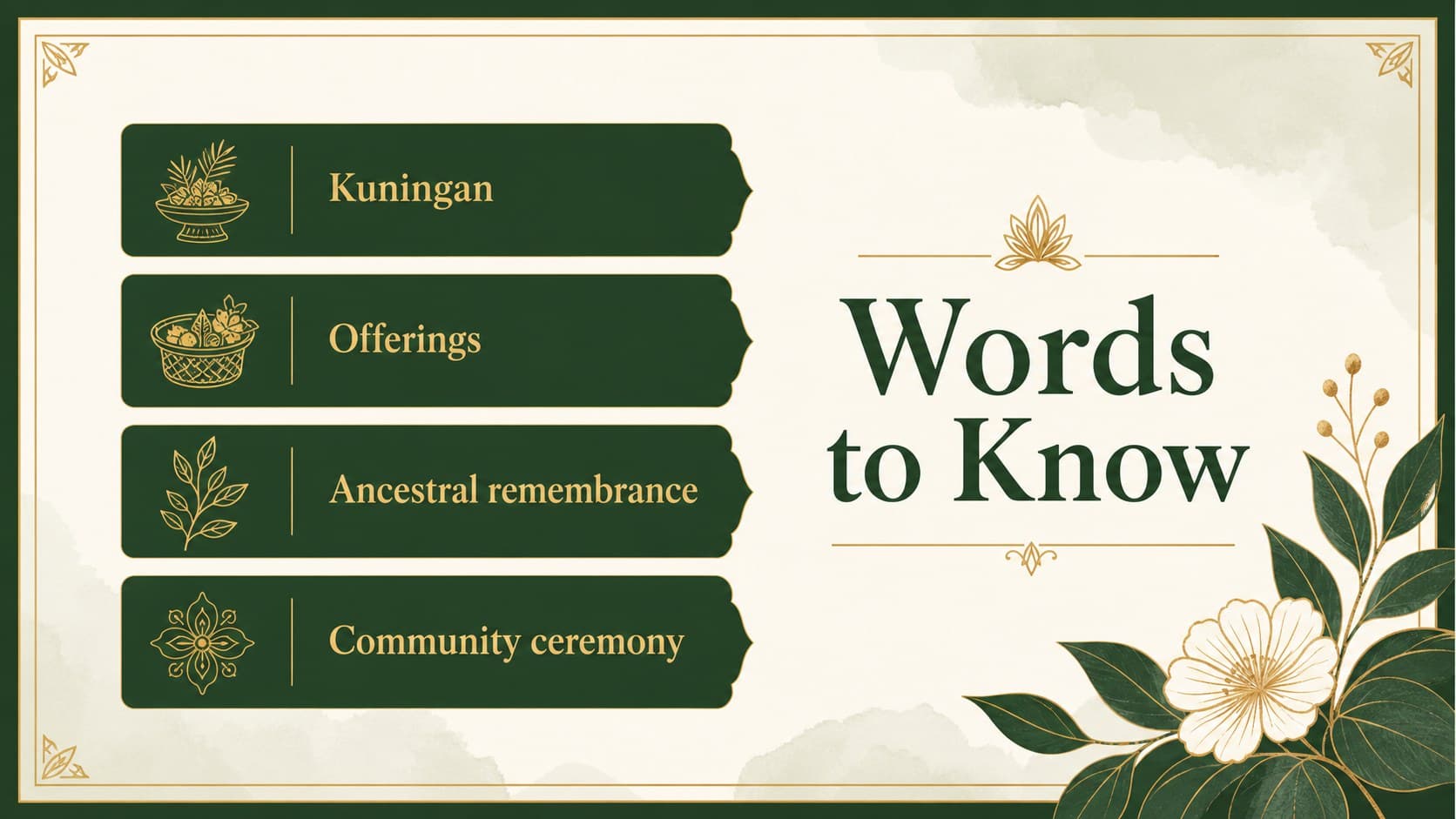 Vocabulary slide defining key terms for an Indonesian traditions lesson.