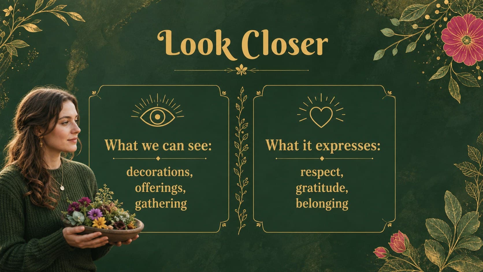 Comparison slide contrasting visible ceremony details with shared community values.