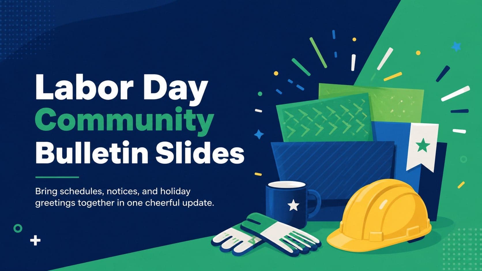 Cover of the Labor Day Community Bulletin Slides with blue and green worker-themed illustrations.