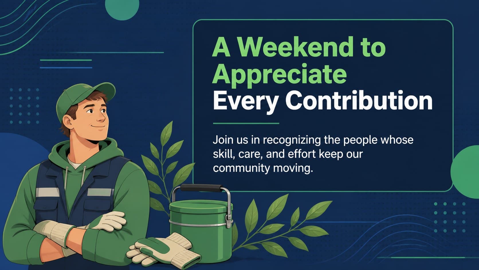 Illustrated Labor Day bulletin welcome slide featuring a worker appreciation message.
