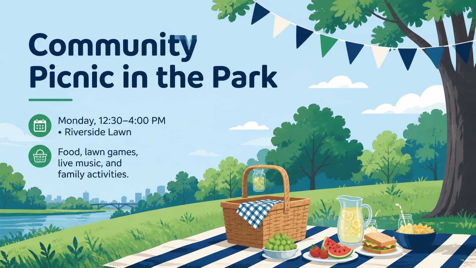 Labor Day picnic announcement slide with location, time, and activity details.