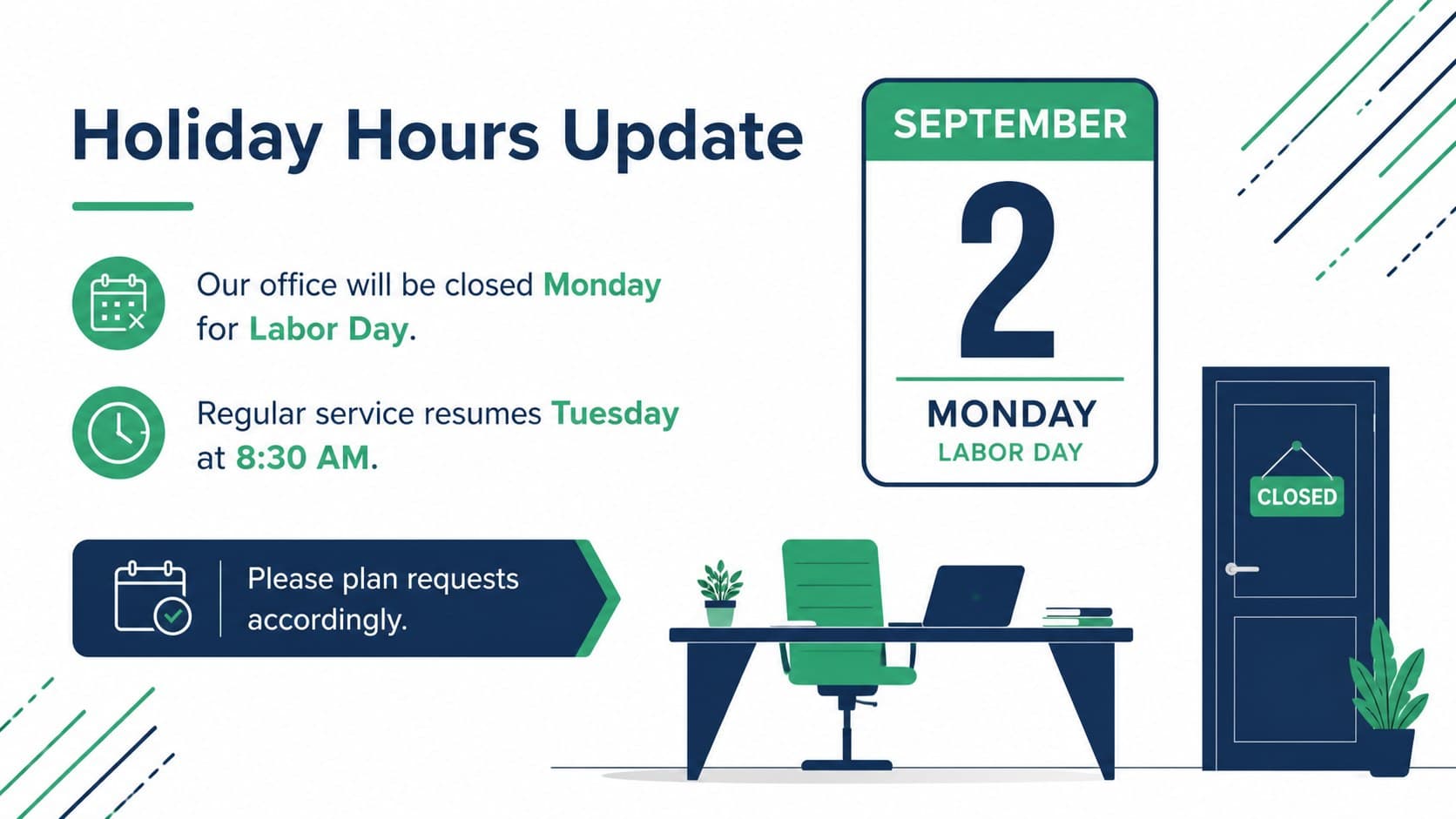Labor Day office closure notice slide for employee and customer communication.