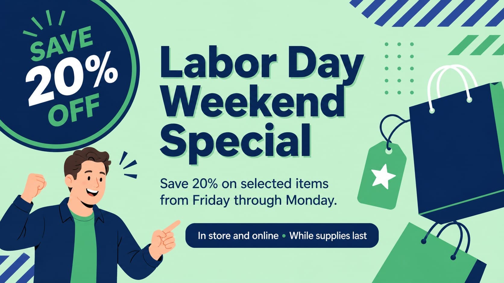 Labor Day promotional announcement slide featuring a weekend special offer.