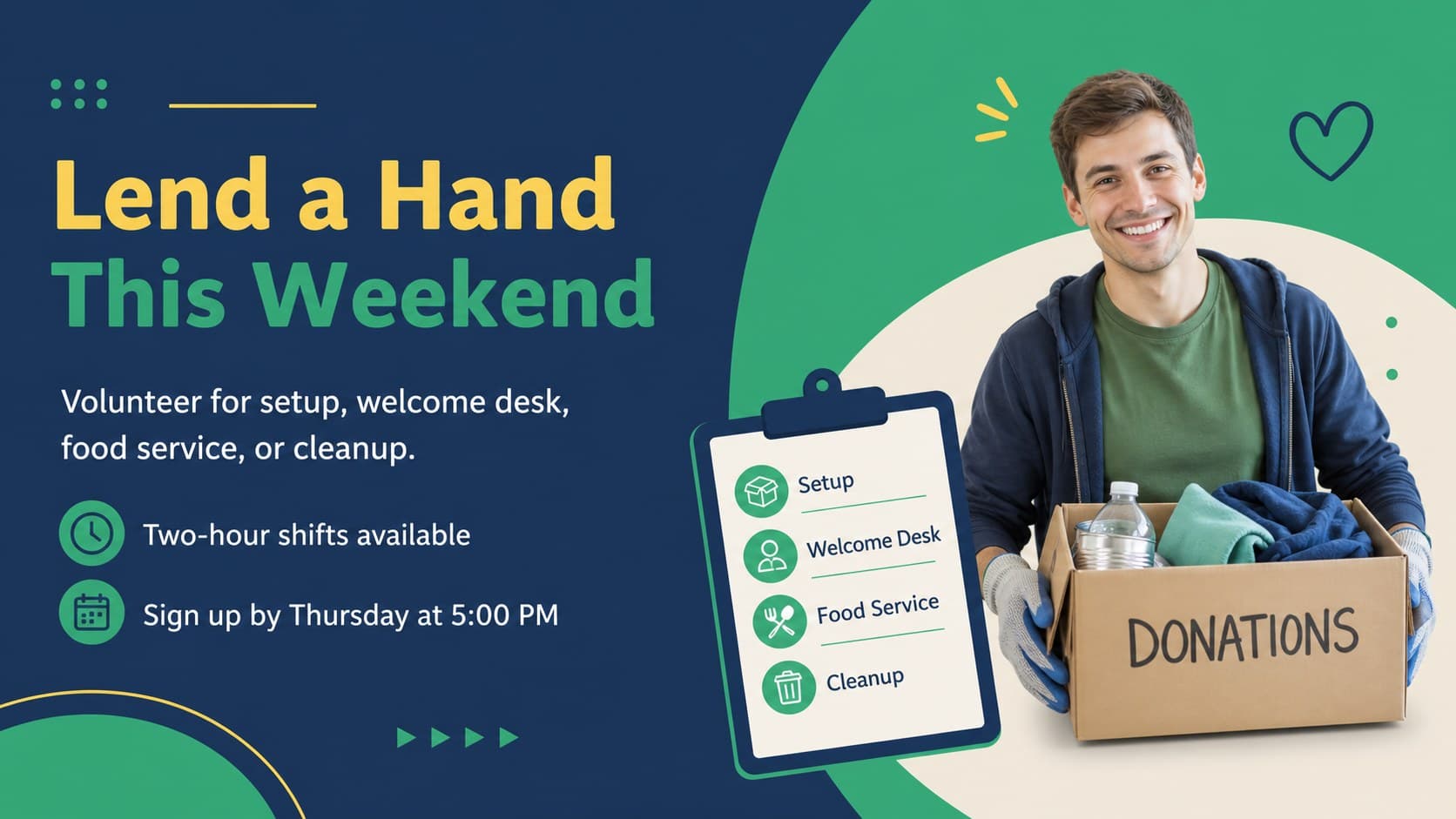 Community Labor Day volunteer opportunity slide with roles and sign-up details.