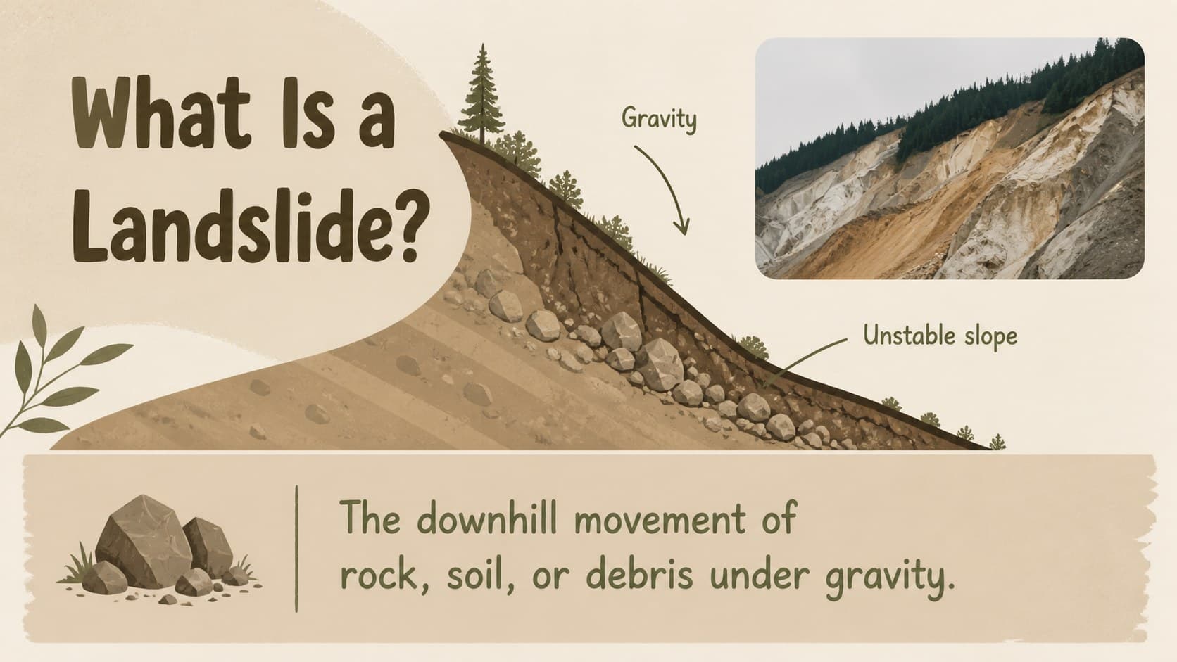 Landslide definition slide with a fresh terrain photograph and concise earth science explanation.
