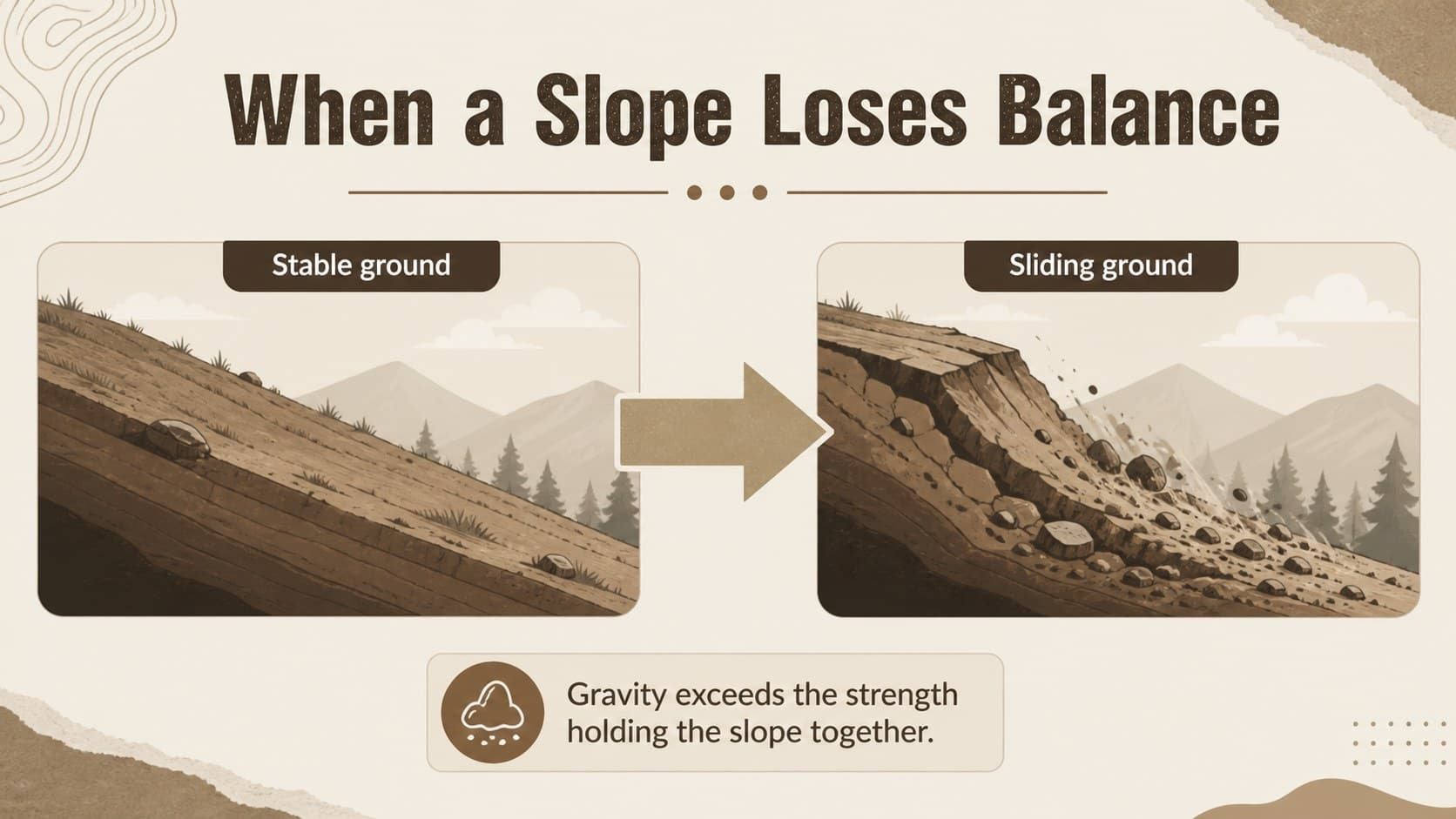 Slope stability slide comparing balanced forces and conditions that lead to landslide movement.