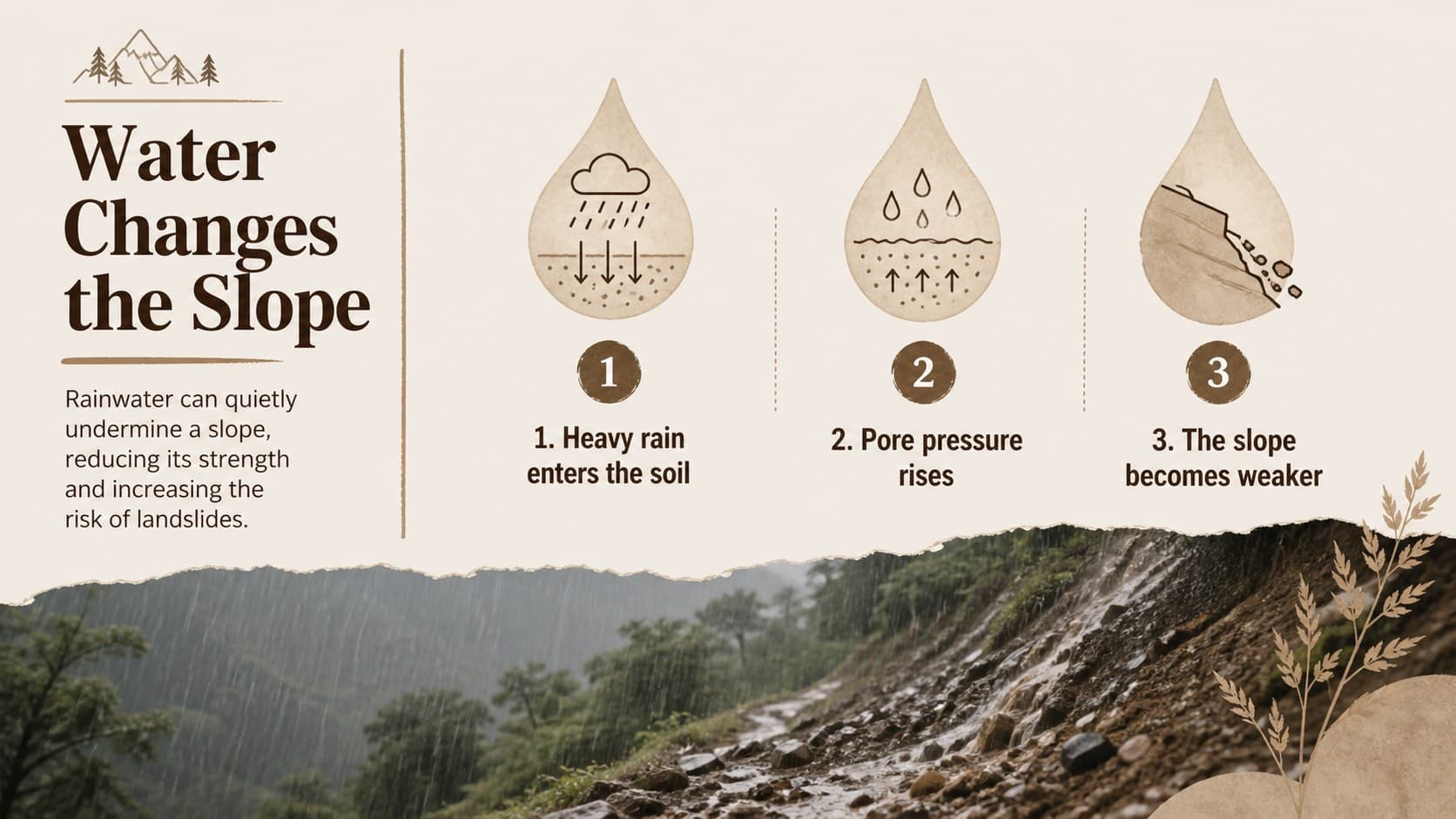 Rainfall and water slide showing how saturation can increase landslide risk.