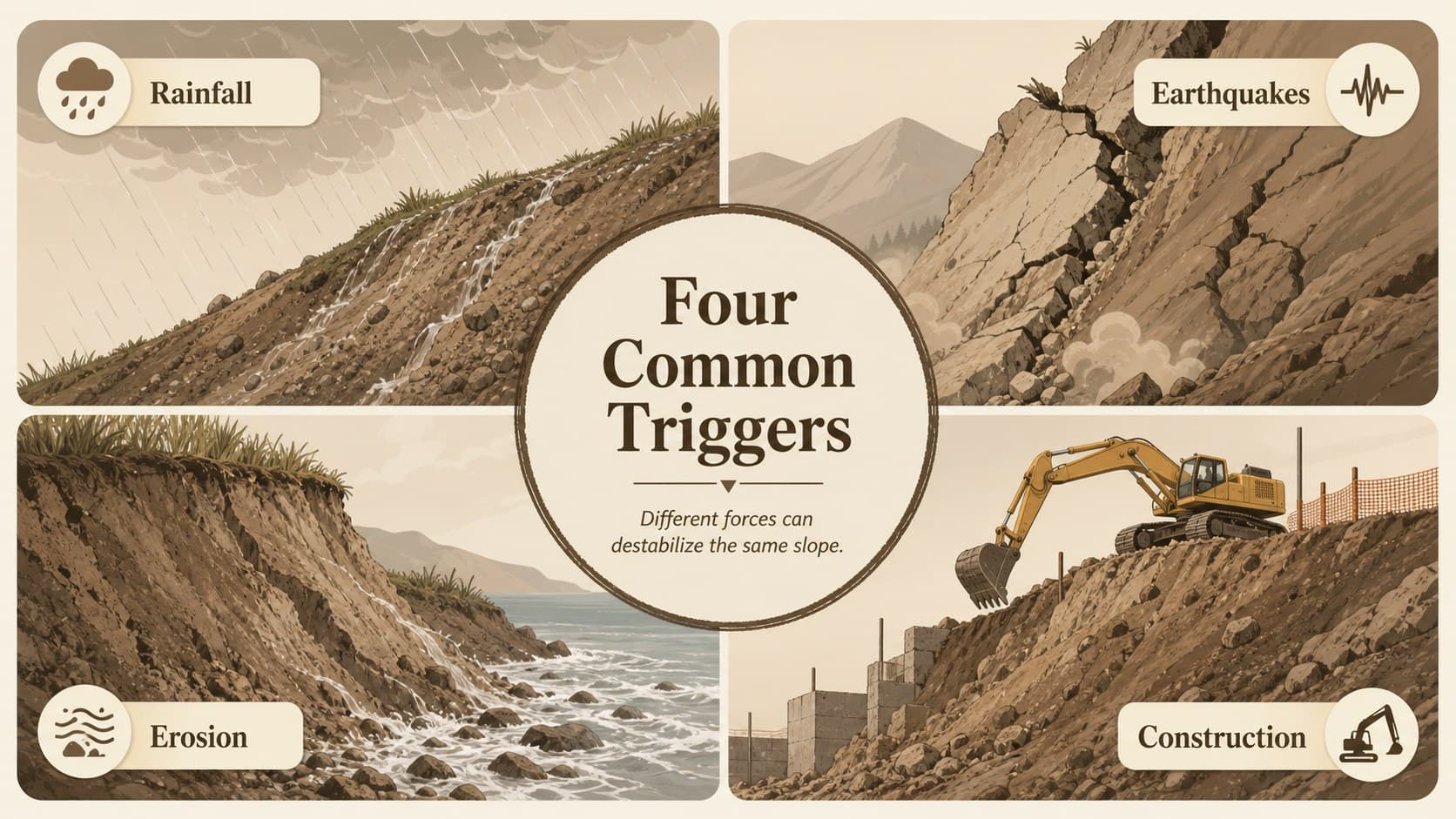 Trigger factors slide presenting rainfall, earthquakes, erosion, and construction as landslide causes.