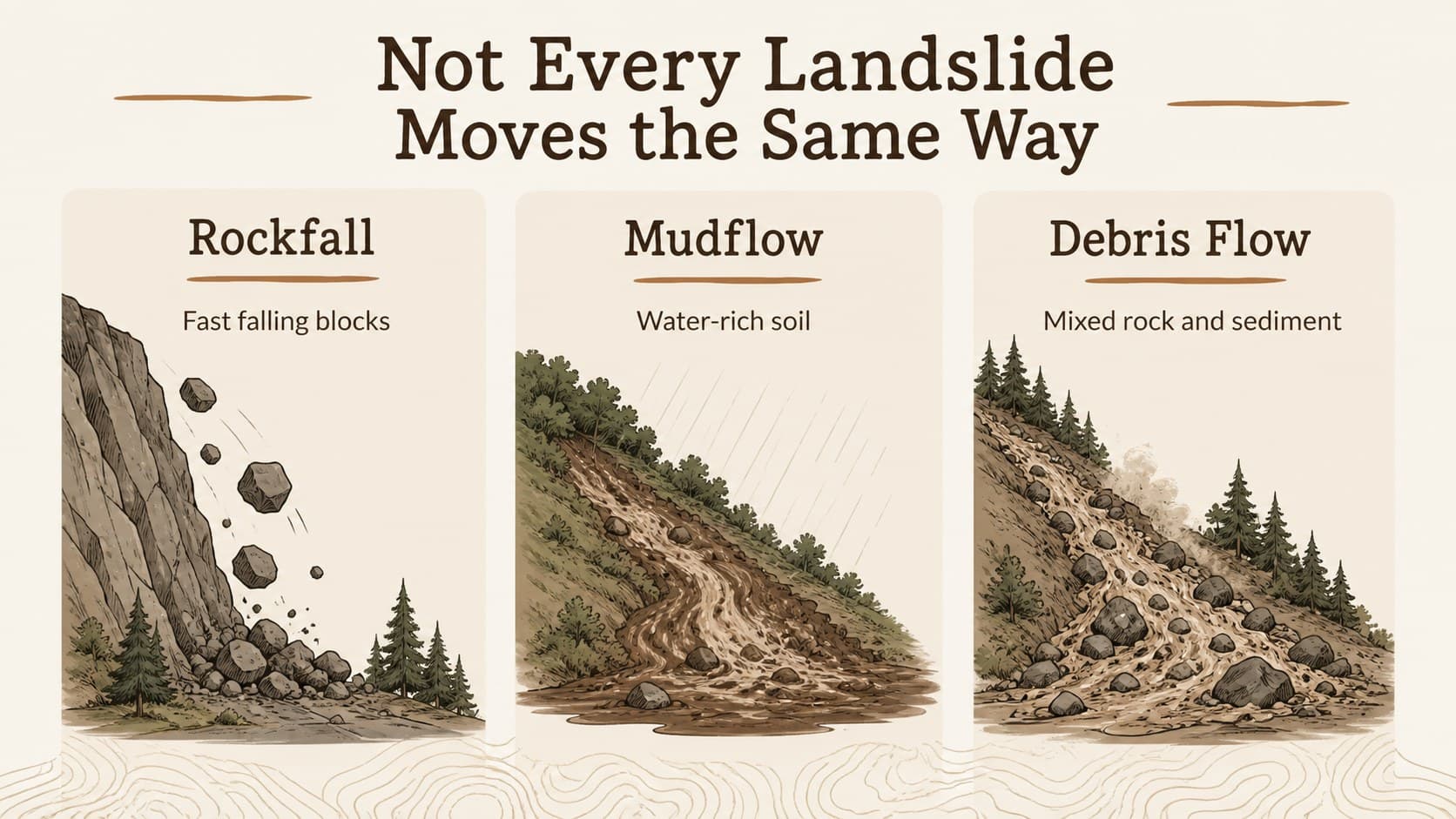 Landslide types slide using a comparison layout for rockfall, mudflow, and debris flow.